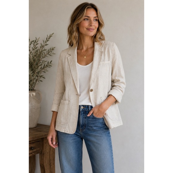 Caslon Jackets & Blazers - Caslon Womens Petite Medium Linen Blazer Oatmeal Beige Single Button CN290475MP